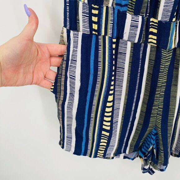 LOFT Lounge Size Medium Blue & Yellow Striped Off The Shoulder Romper w/ Pockets - Picture 6 of 10